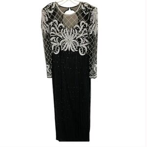 Beaded Silk Laurence Kazar Evening Gown Size Medium STUNNING Dress! Black White